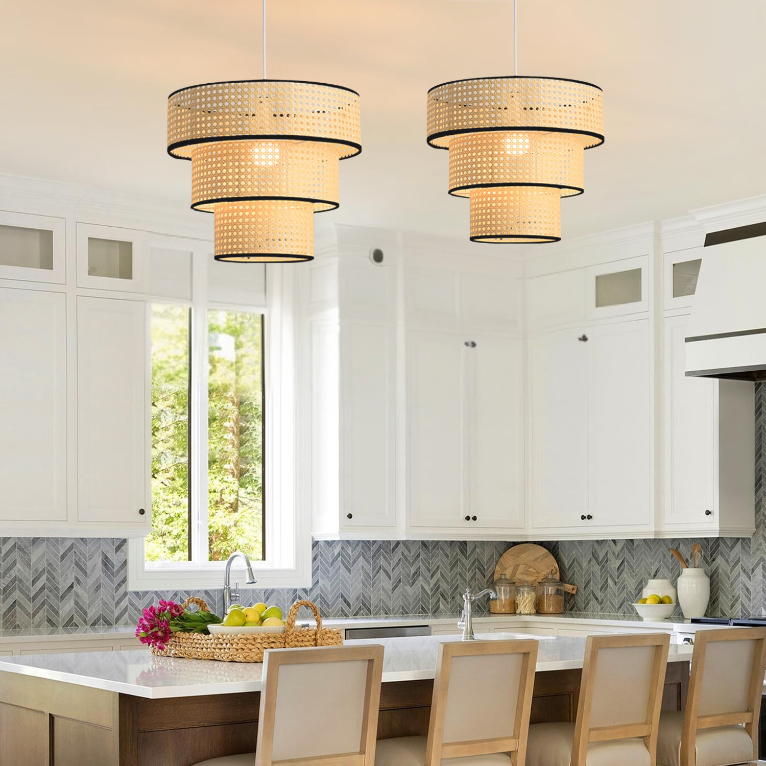 ArcoMead 3-Tiered Rattan Drum Pendant Light