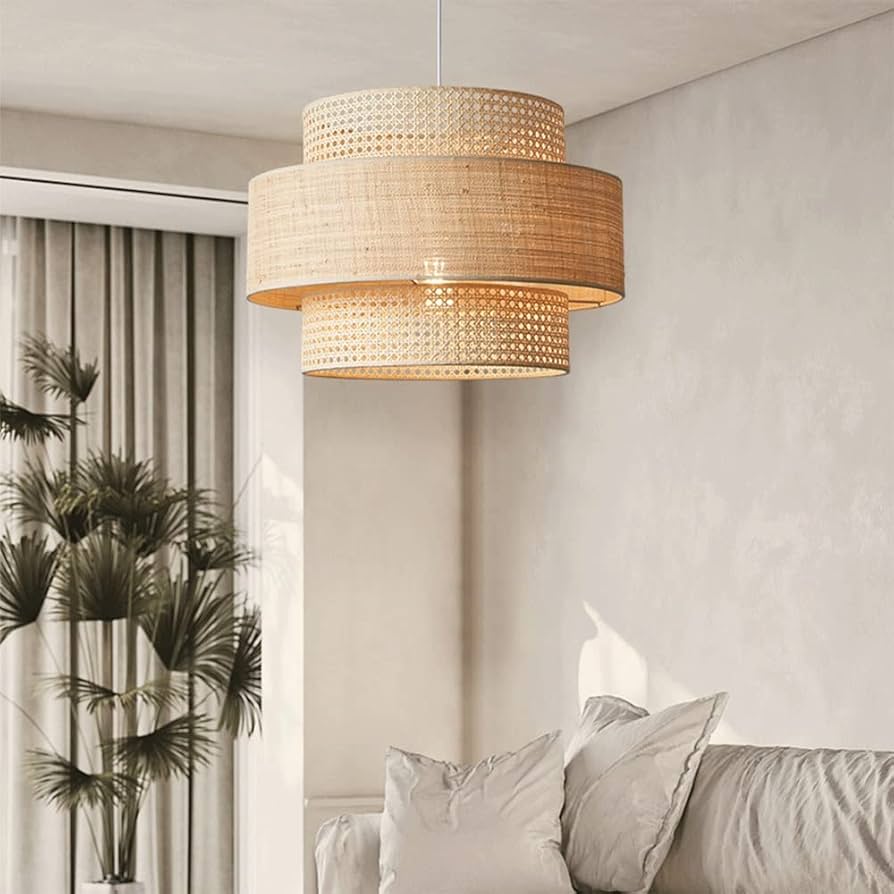 Triela Black and Rattan Drum Pendant Light
