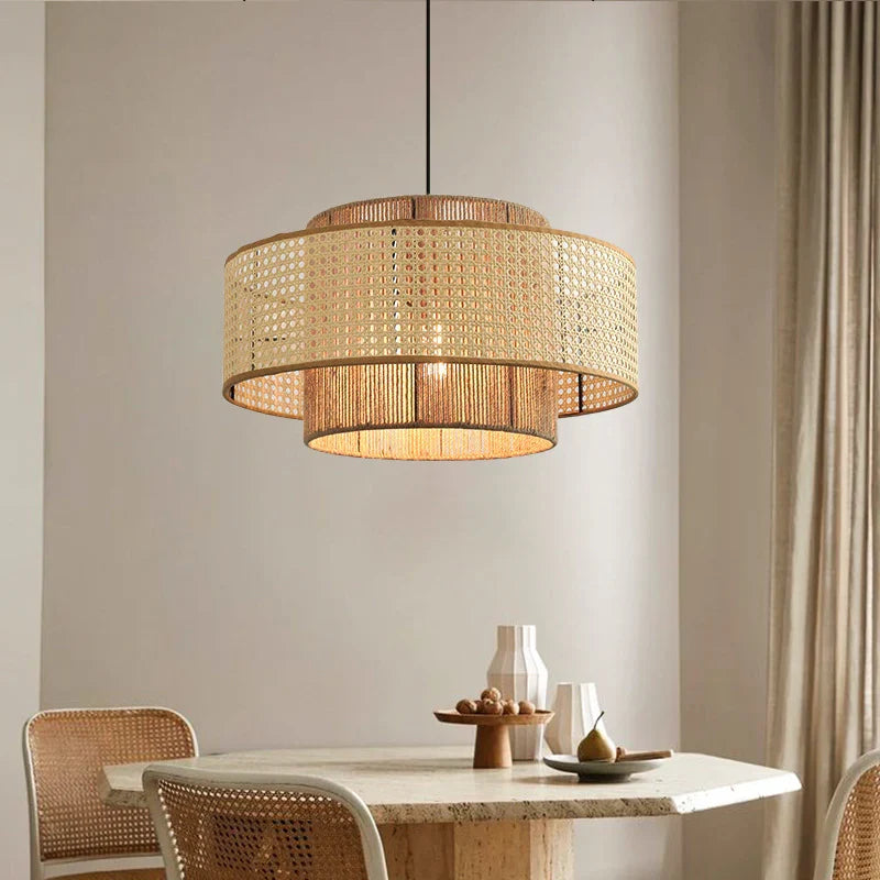 Triela Black and Rattan Drum Pendant Light