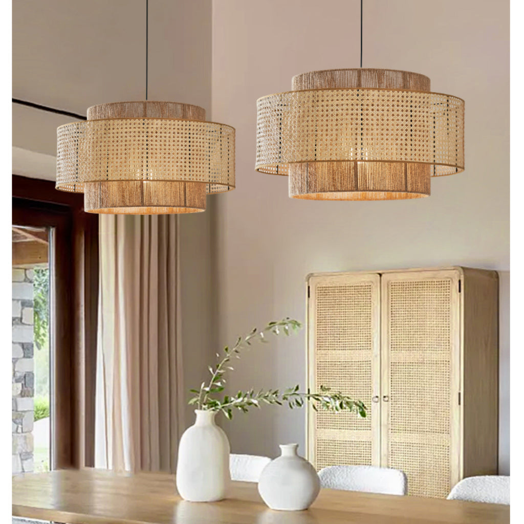 Triela Black and Rattan Drum Pendant Light