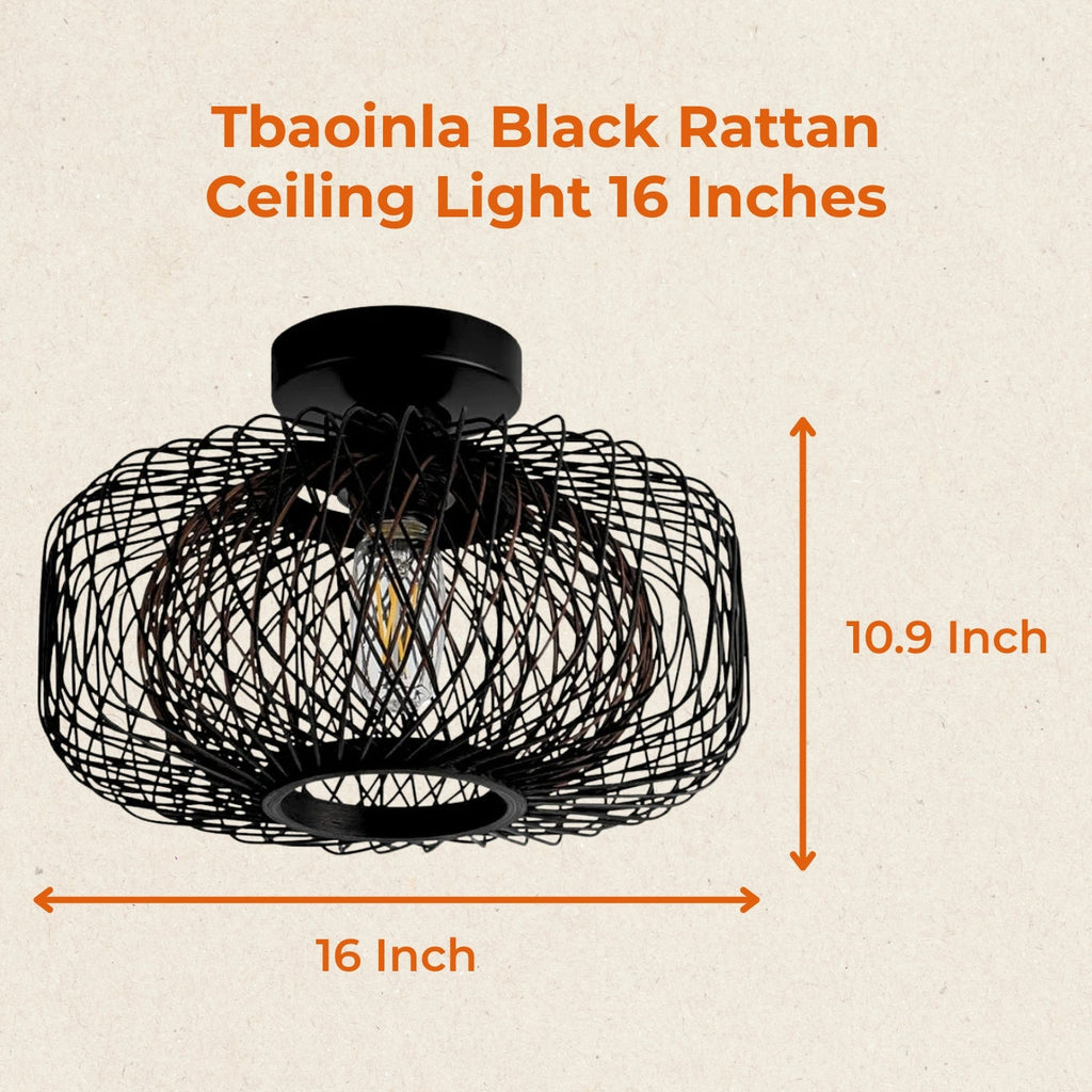 Tbaoinla Black Rattan Ceiling Light 16 Inches