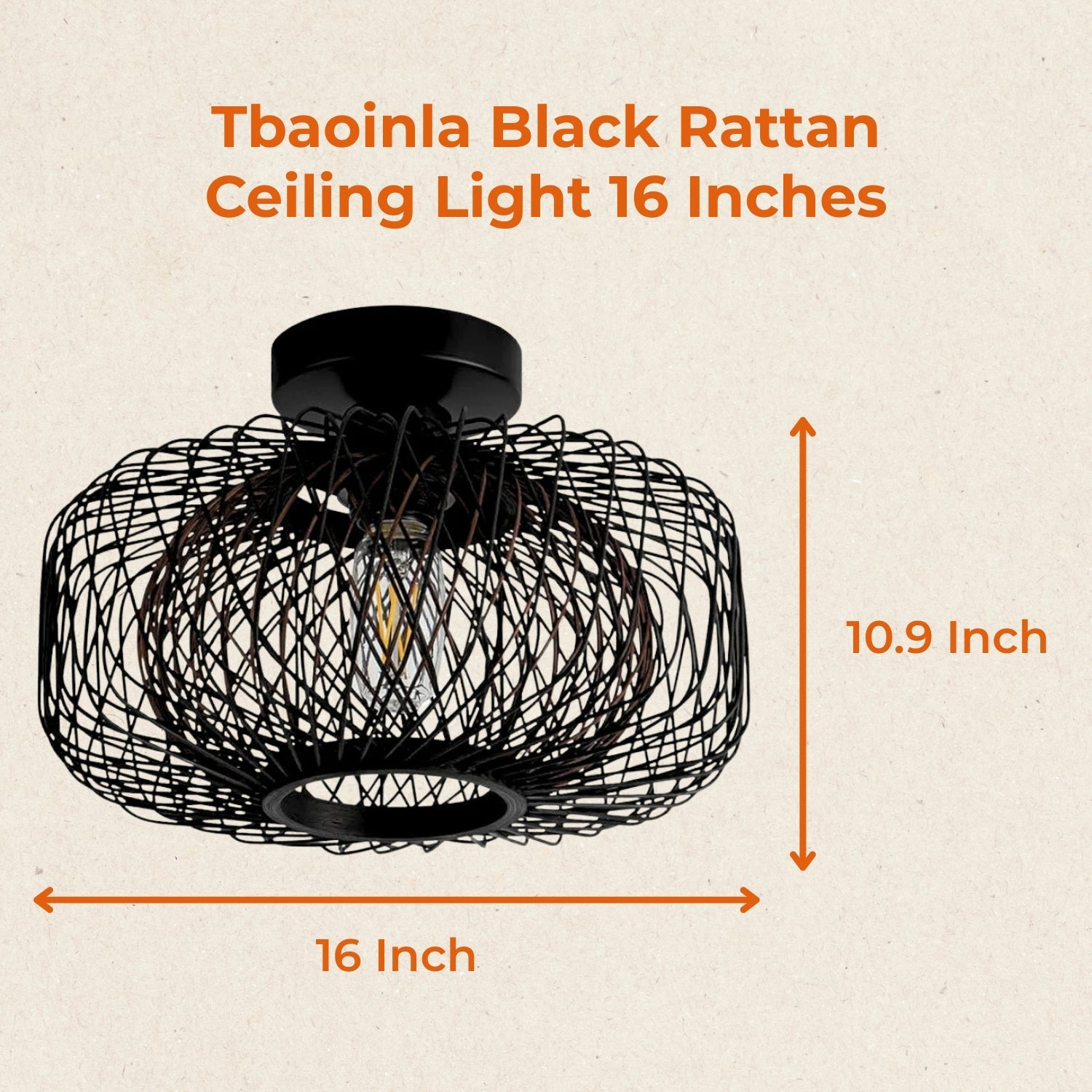 Tbaoinla Black Rattan Ceiling Light 16 Inches