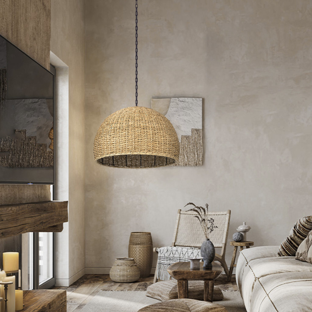 Bowl Wabi Sabi Grey Wicker Pendant Light