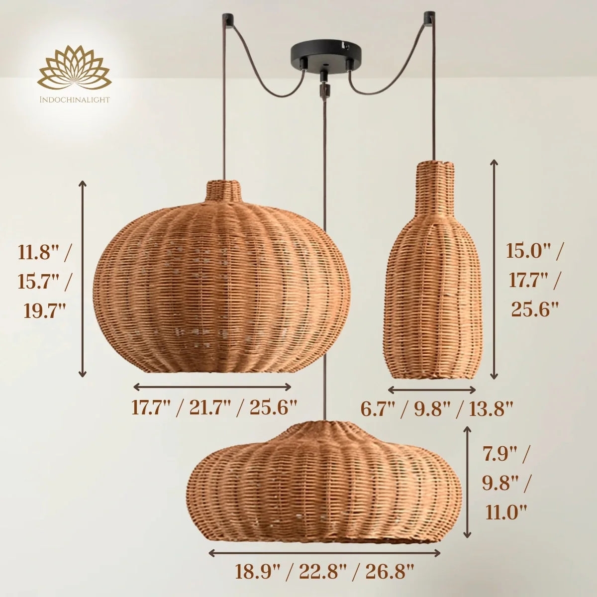 Finns Boho Small Basket 3 Rattan Pendant Light