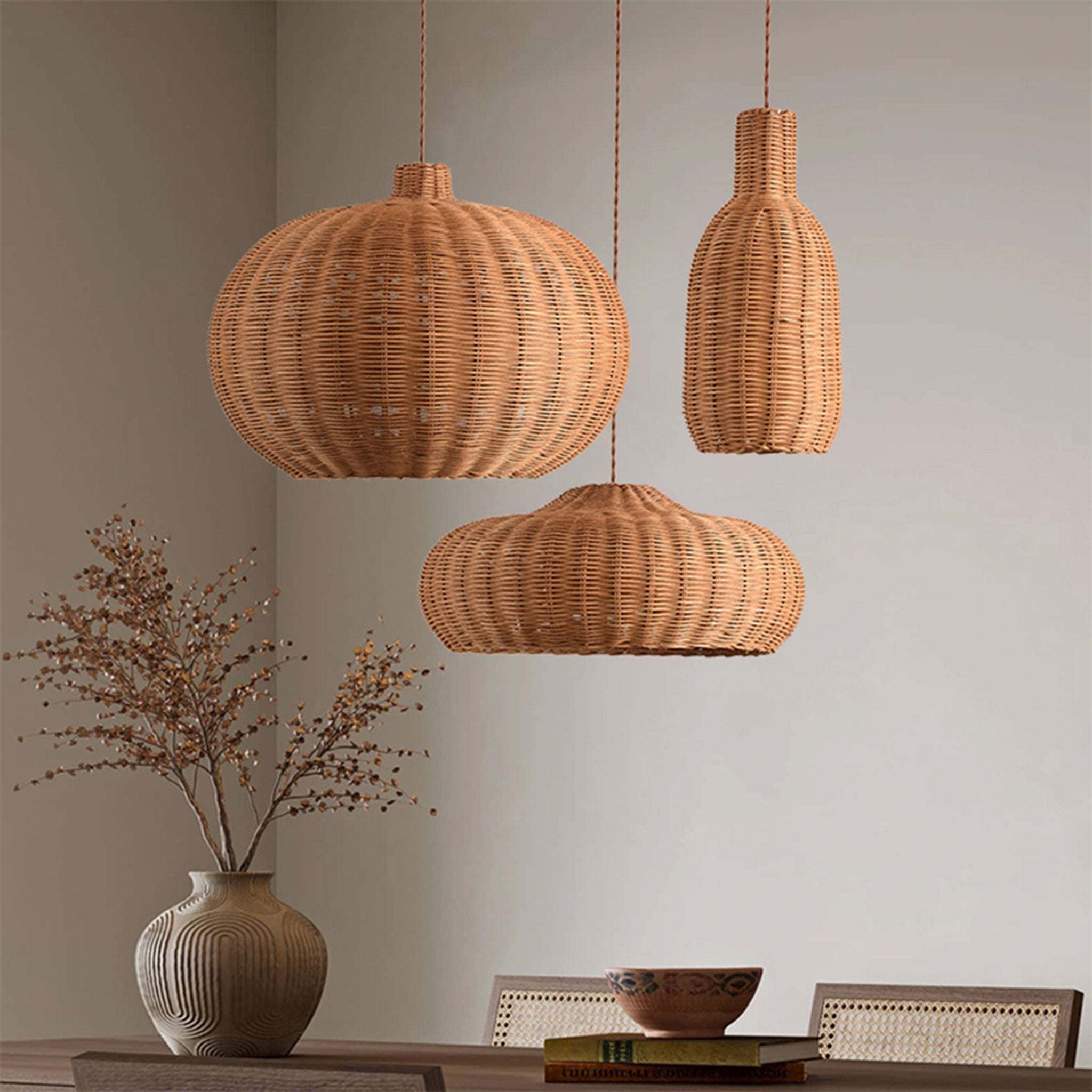 Finns Boho Small Basket 3 Rattan Pendant Light