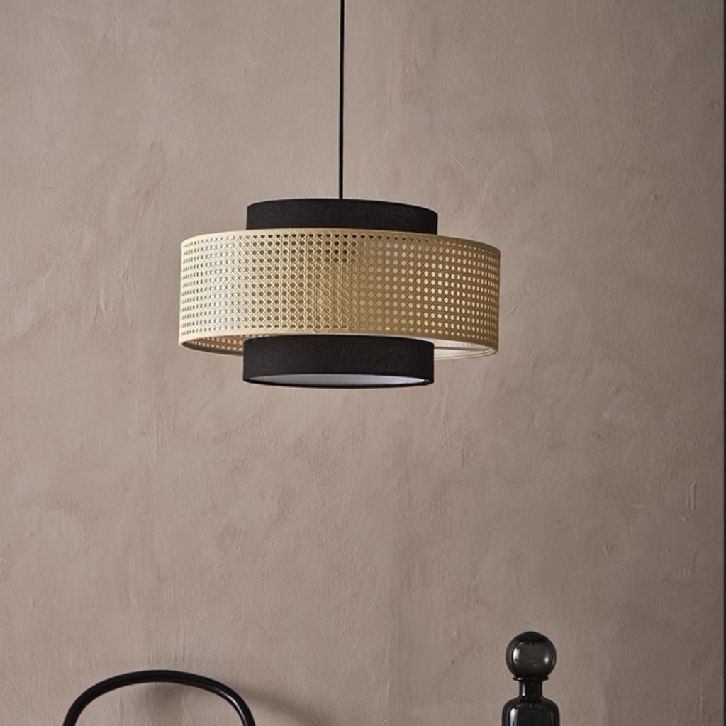 Nivara Black and Rattan Drum Pendant Light