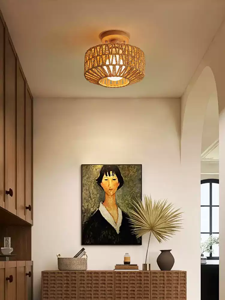 Kenmi Boho Rattan Drum Ceiling Light - Semi Flush Mount