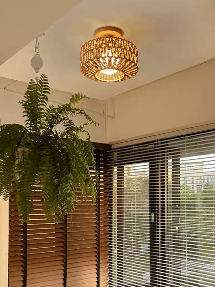 Kenmi Boho Rattan Drum Ceiling Light - Semi Flush Mount