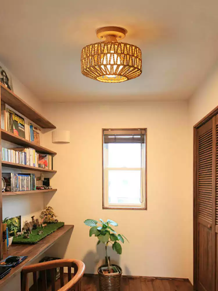 Kenmi Boho Rattan Drum Ceiling Light - Semi Flush Mount