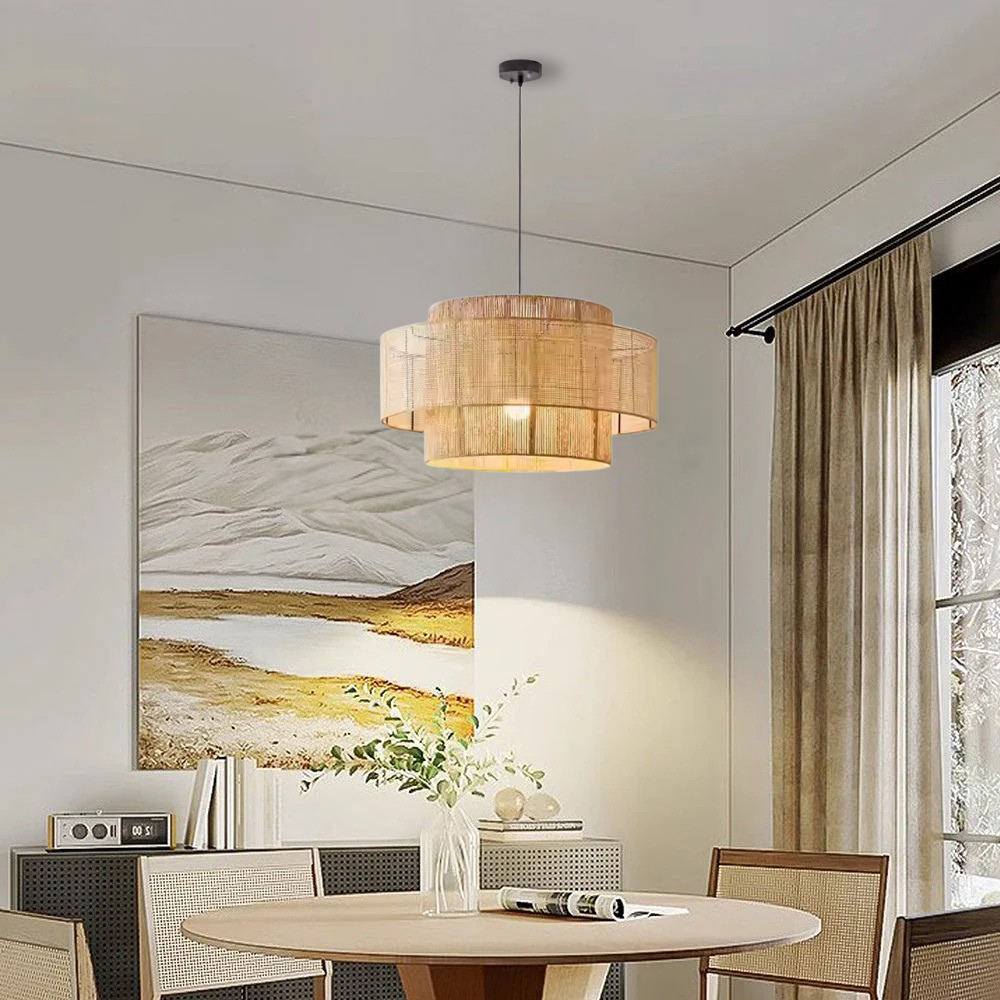 Triela Black and Rattan Drum Pendant Light