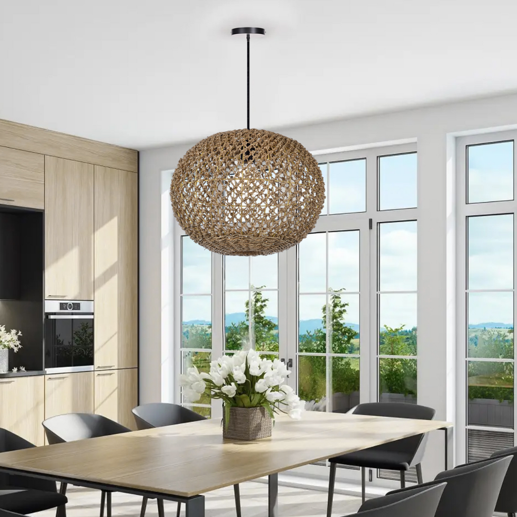 Antigua Flat Round Wicker Pendant Light