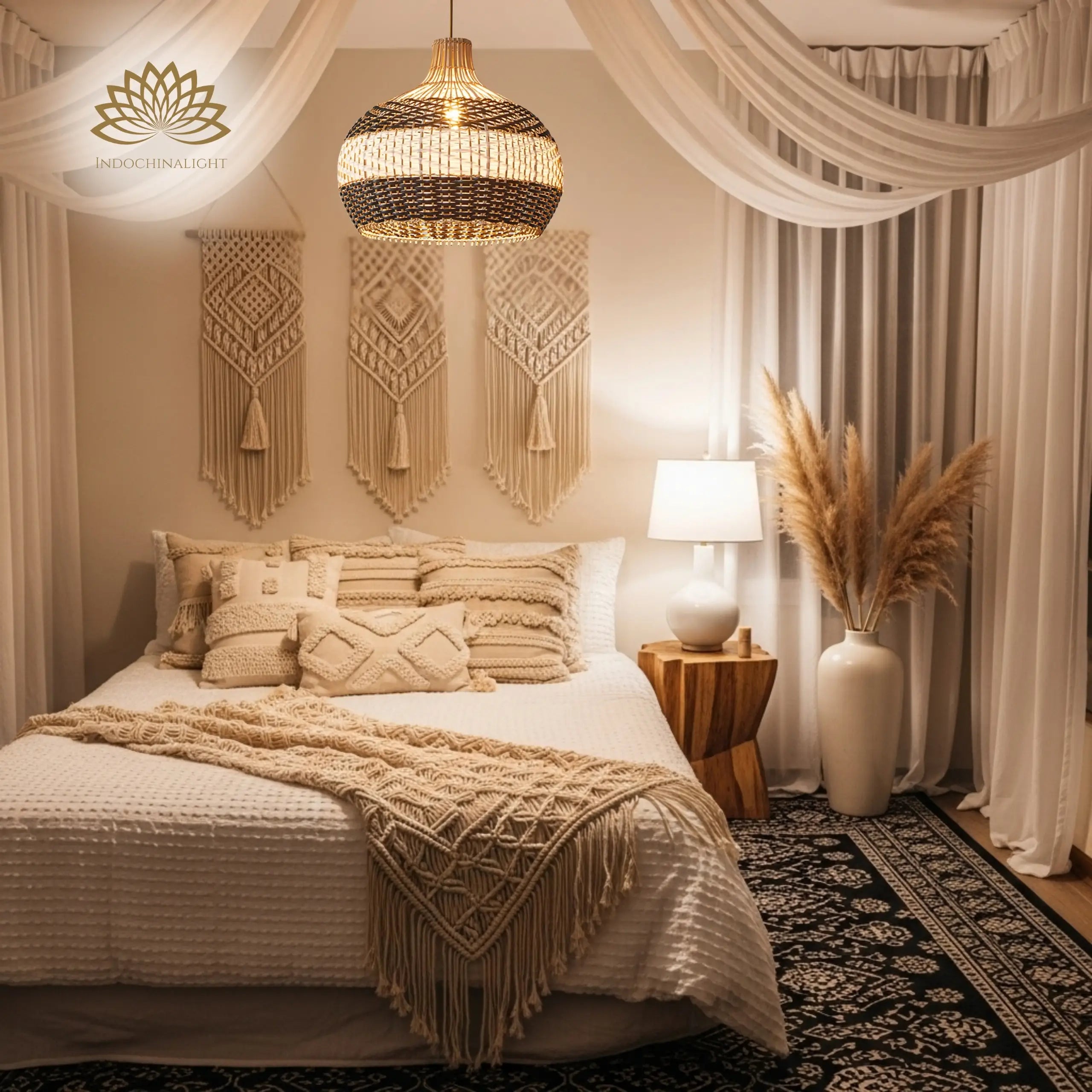 Beatrice Boho White Dome Basket Rattan Pendant Light