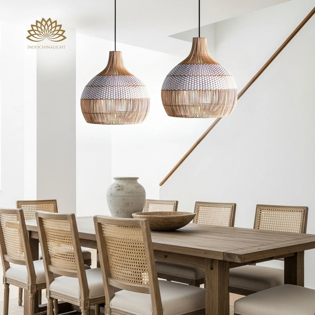 Beatrice Boho White Dome Basket Rattan Pendant Light
