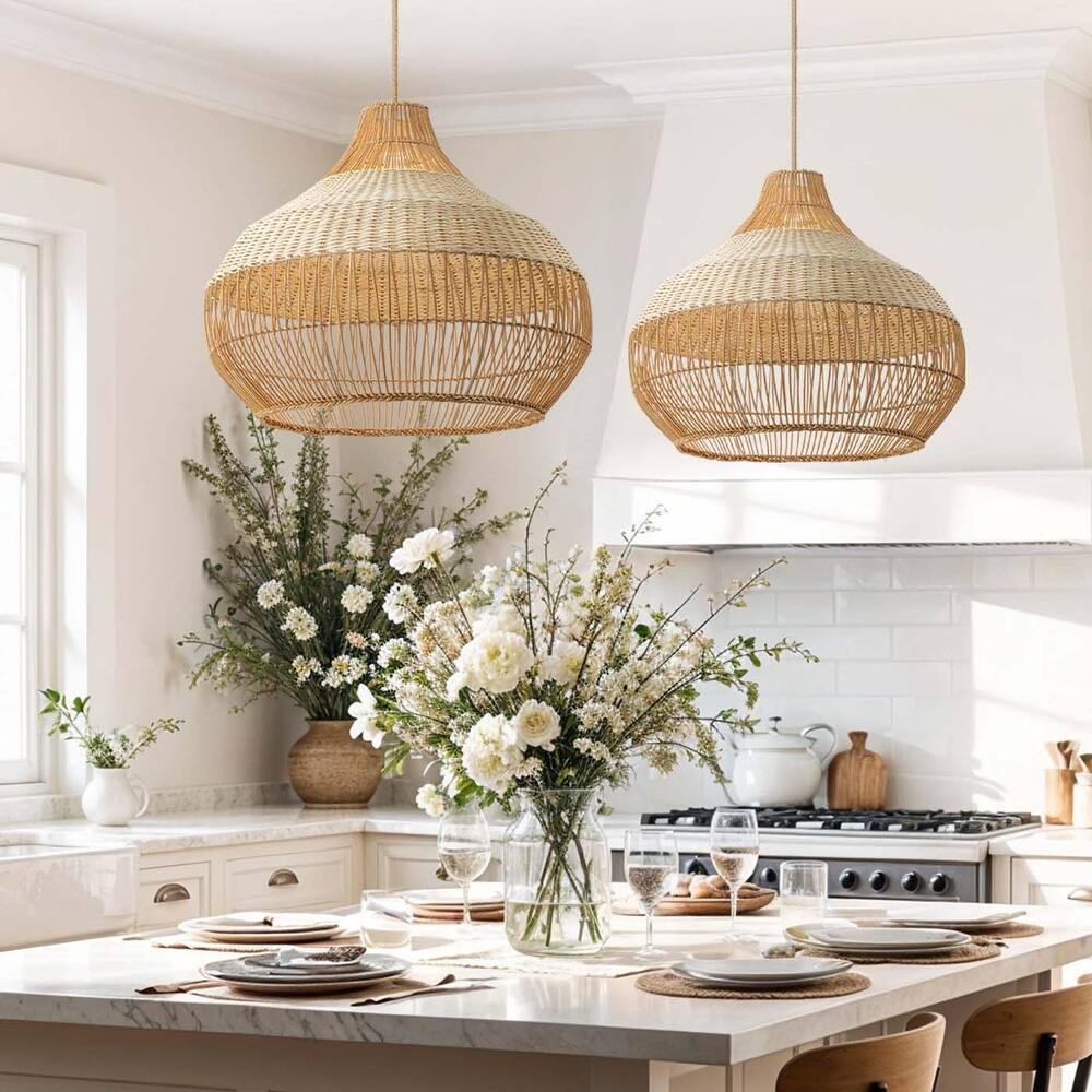 Beatrice Boho White Dome Basket Rattan Pendant Light