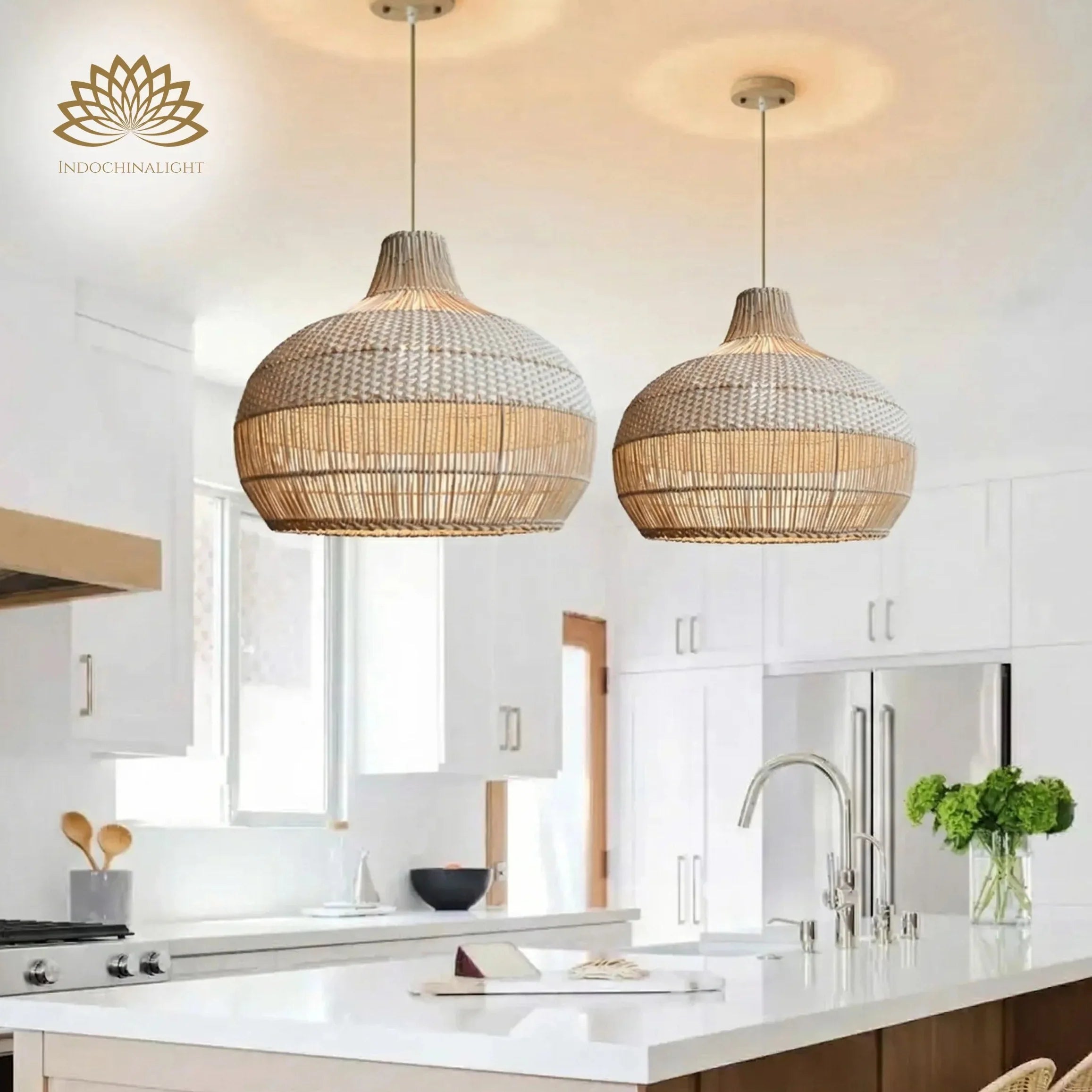Beatrice Boho White Dome Basket Rattan Pendant Light