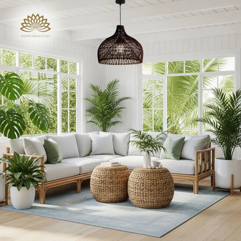 Belle Black Dome Rattan Pendant Light