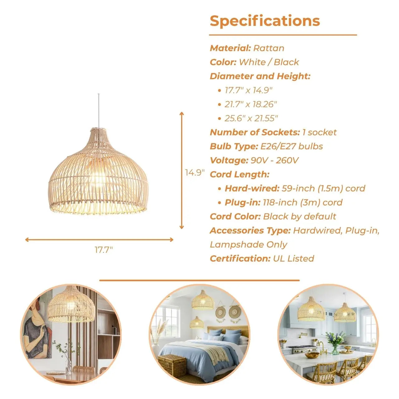 Belle Black Dome Rattan Pendant Light