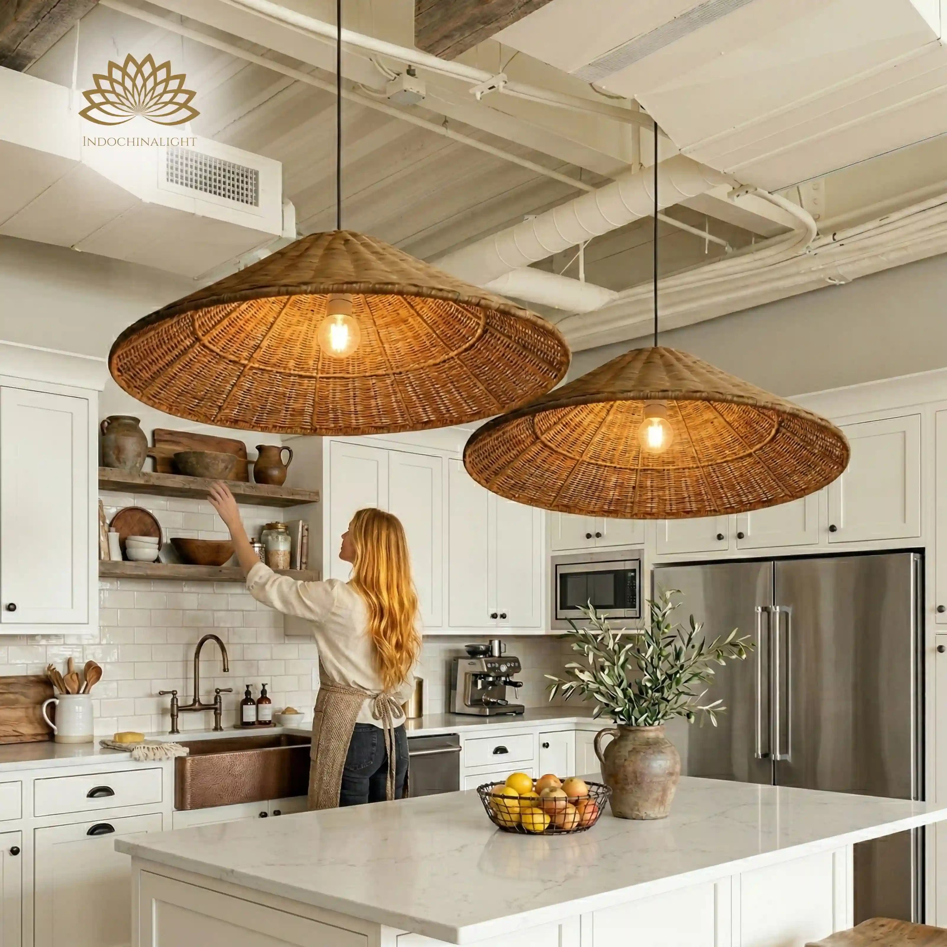 Carter Cone Woven Wicker Rattan Pendant Light