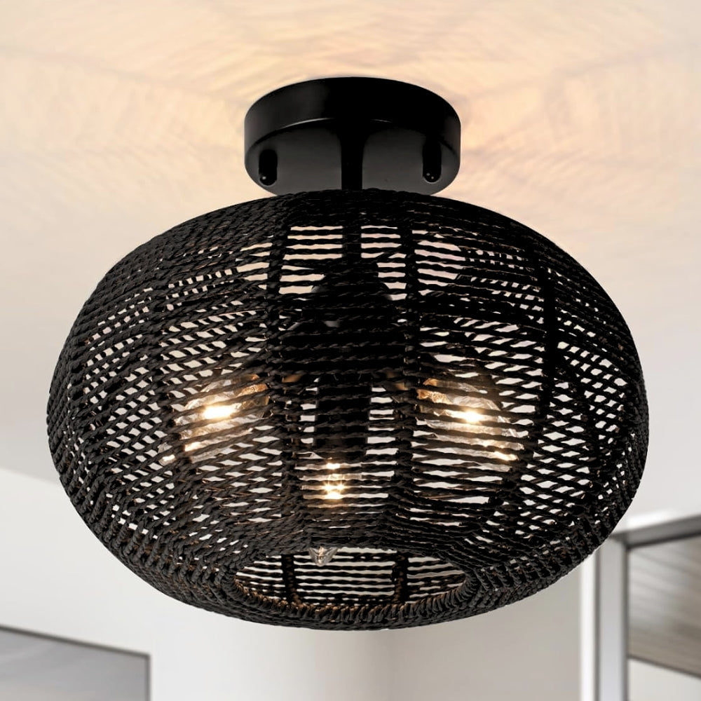Cashmere Black Round Rattan Light Fixture - Flush Mount