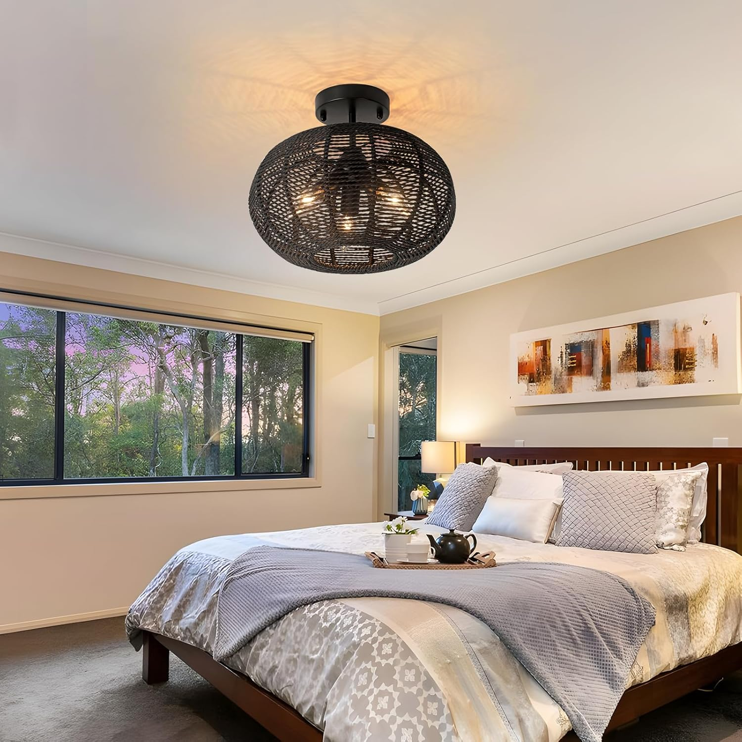 Cashmere Black Round Rattan Light Fixture - Flush Mount