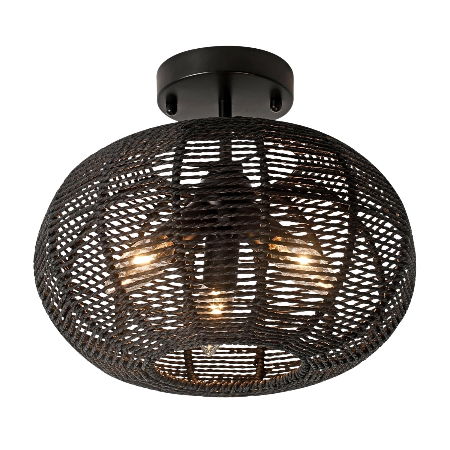 Cashmere Black Round Rattan Light Fixture - Flush Mount