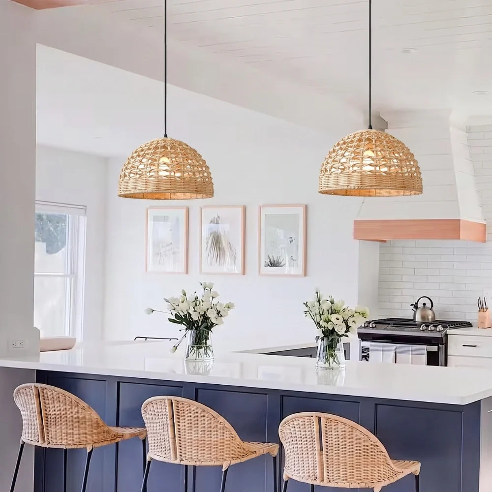 Eauso Coastal Small Rattan Wicker Pendant Light Kitchen Island