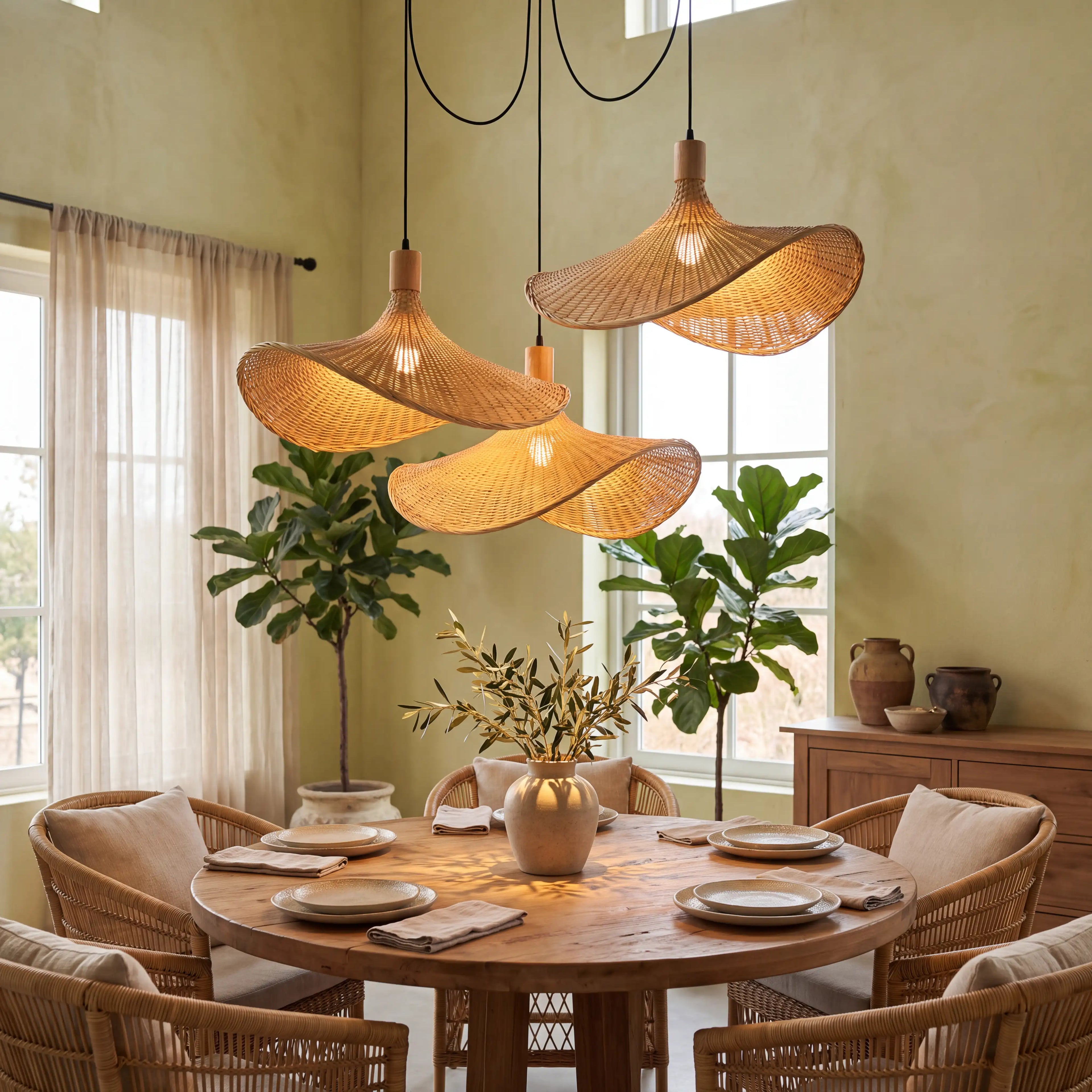 Ellie Straw Hat 3 Light Rattan Pendant