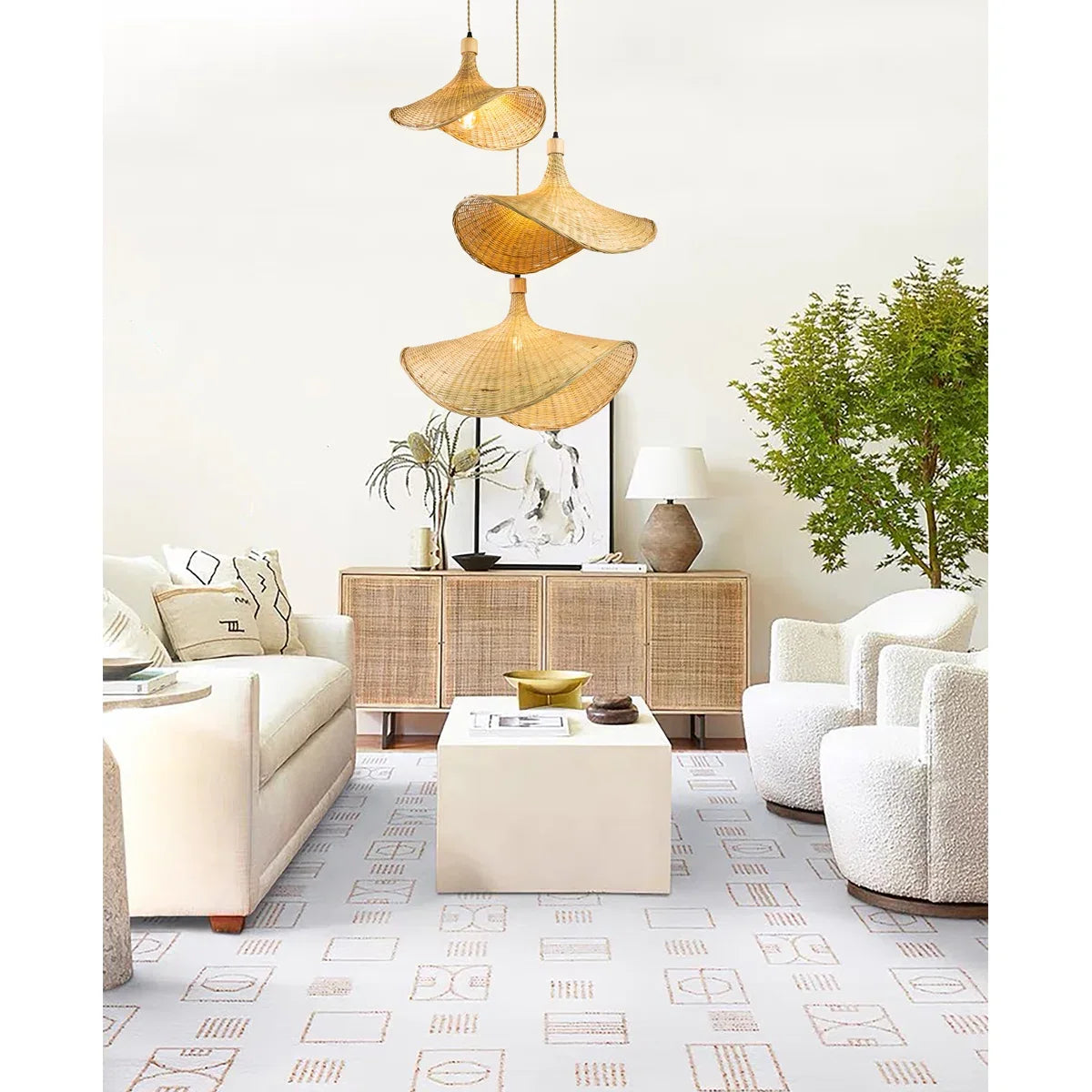 Ellie Straw Hat 3 Light Rattan Pendant