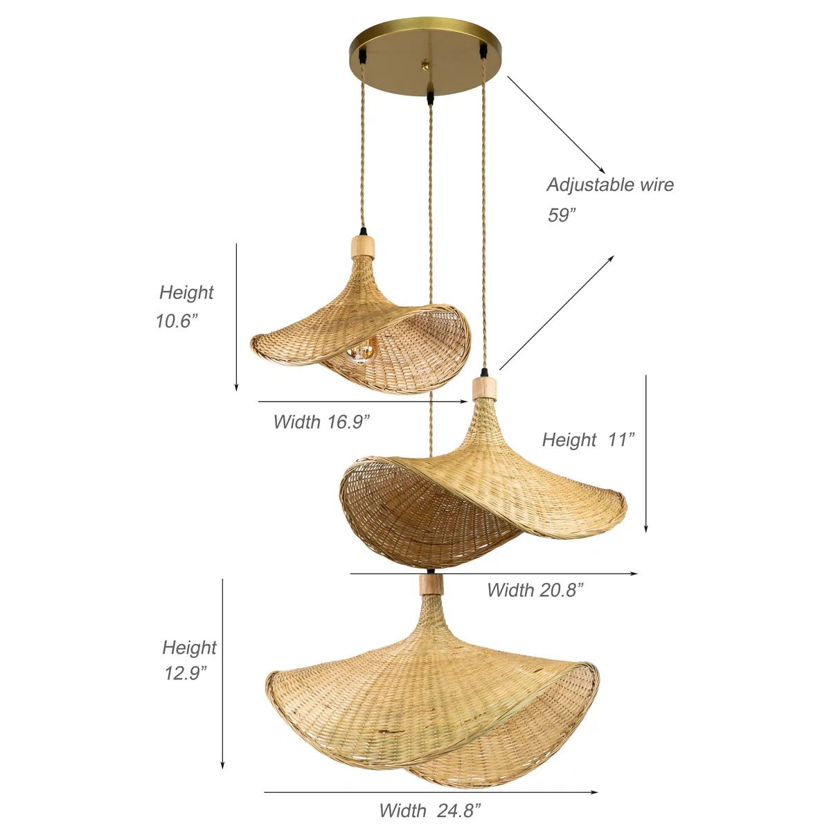 Ellie Straw Hat 3 Light Rattan Pendant