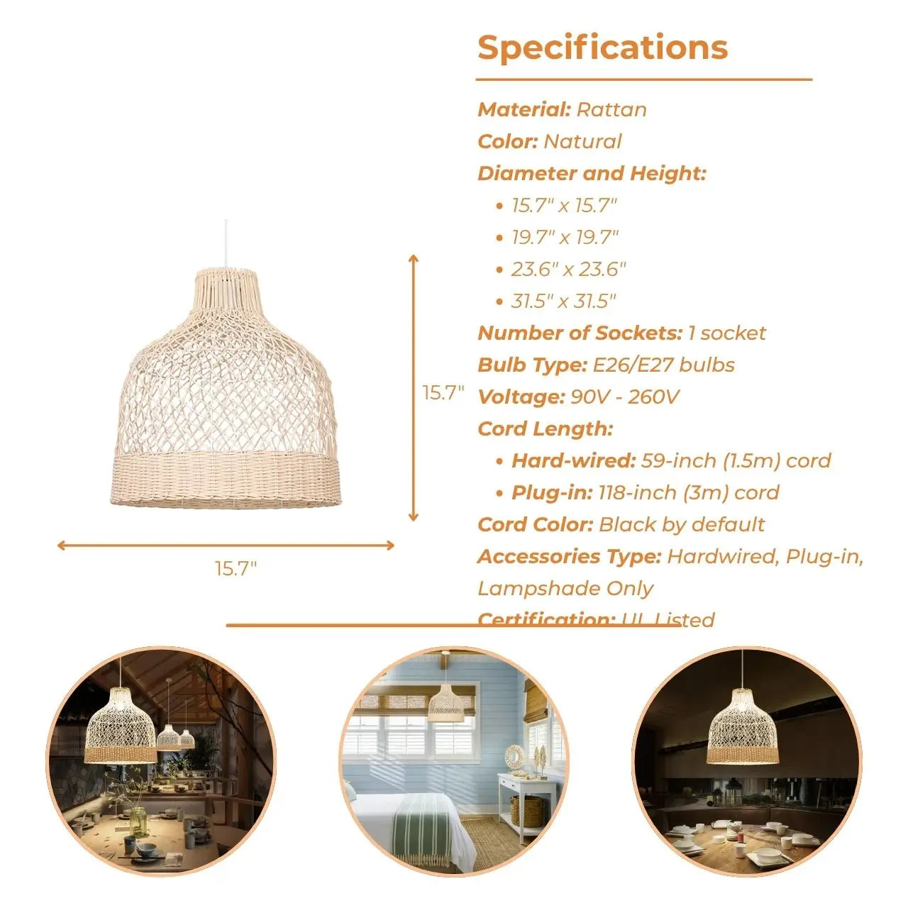 Fuelix Rattan Basket Pendant Light