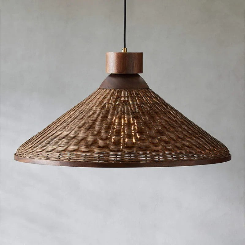 Hakka Conical Dark Brown Rattan Pendant Light - Small Basket Weave