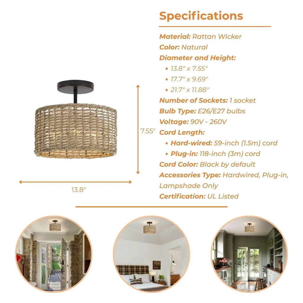 Lannister Wicker Drum Ceiling Light - Semi Flush Mount