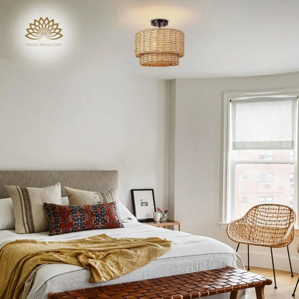 Lennie Wicker Rattan Double Drum Light - Semi Flush Mount