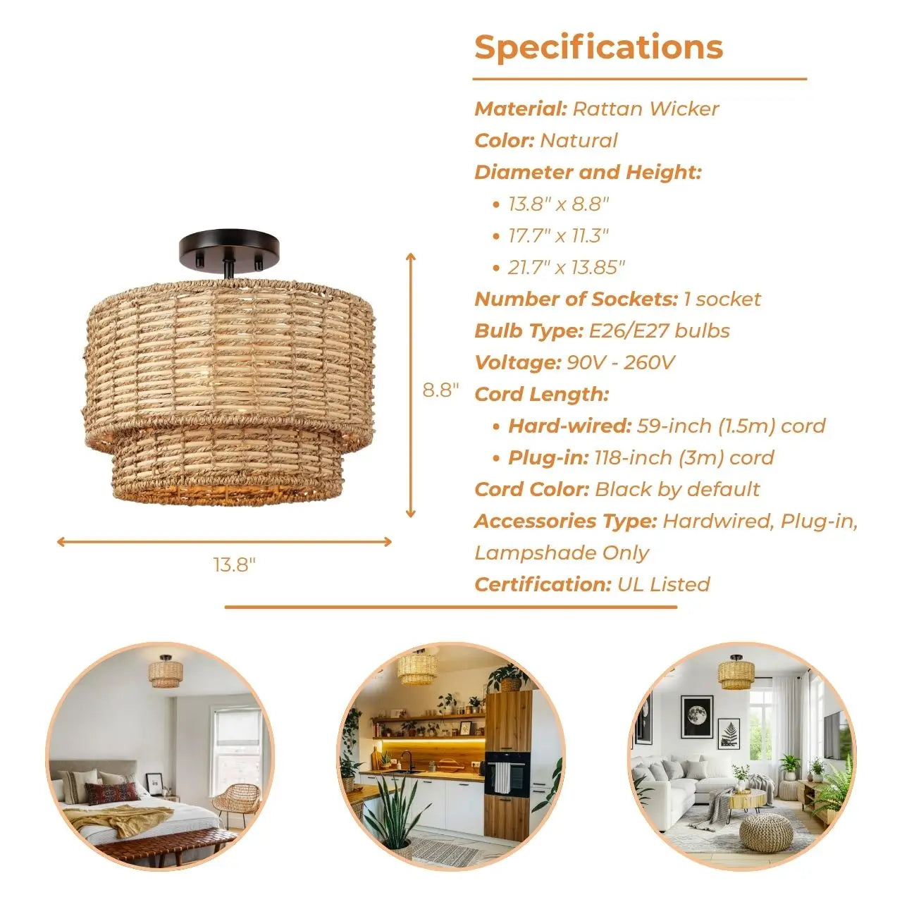Lennie Wicker Rattan Double Drum Light - Semi Flush Mount