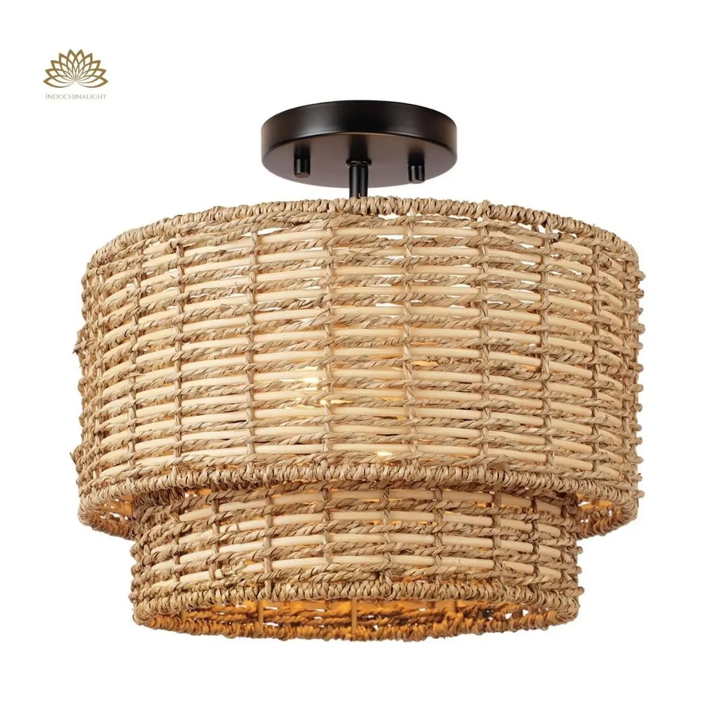 Lennie Wicker Rattan Double Drum Light - Semi Flush Mount