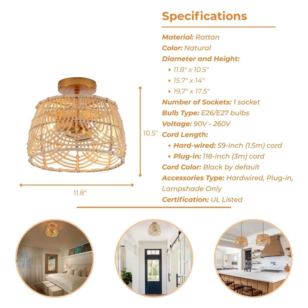 MhyTogn Small Rattan Ceiling Light