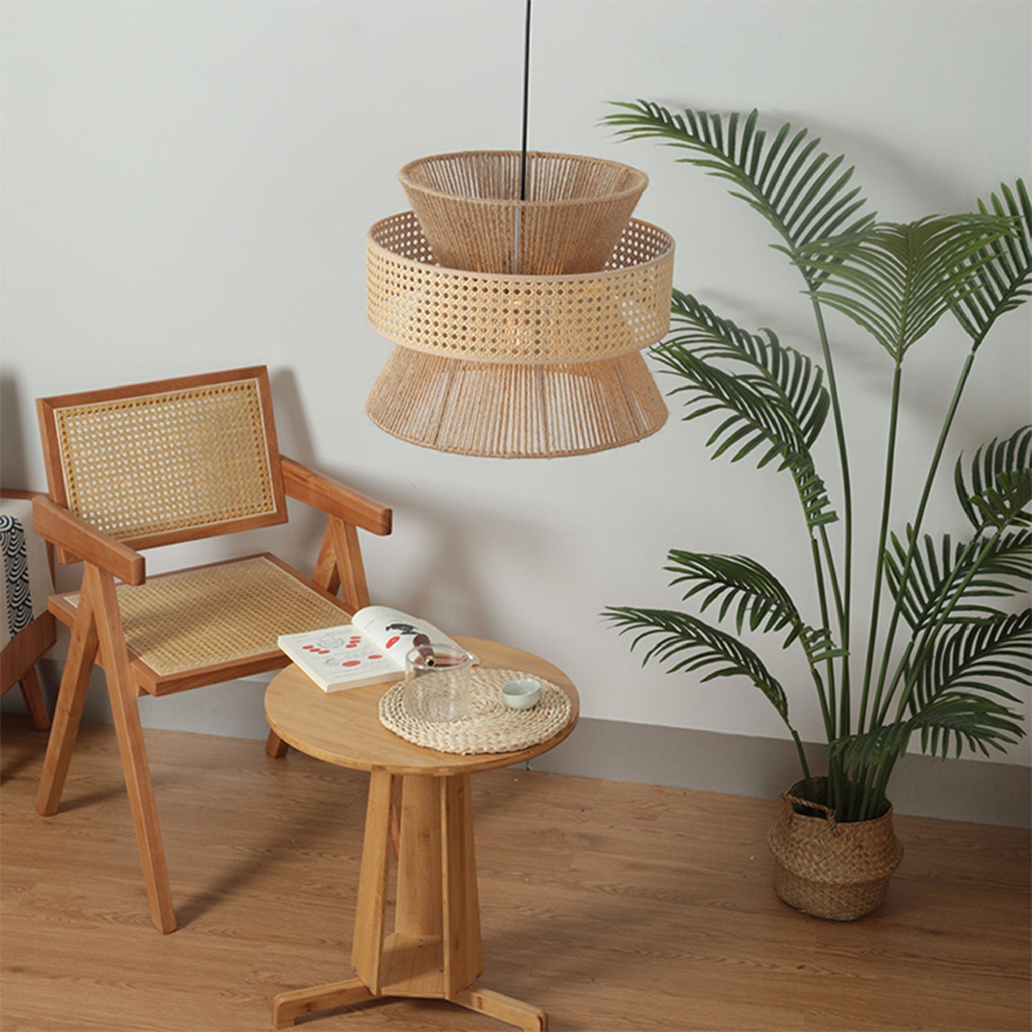 Nimes Wabi Sabi Rattan Drum Pendant - Hemp Rope Hourglass Inner
