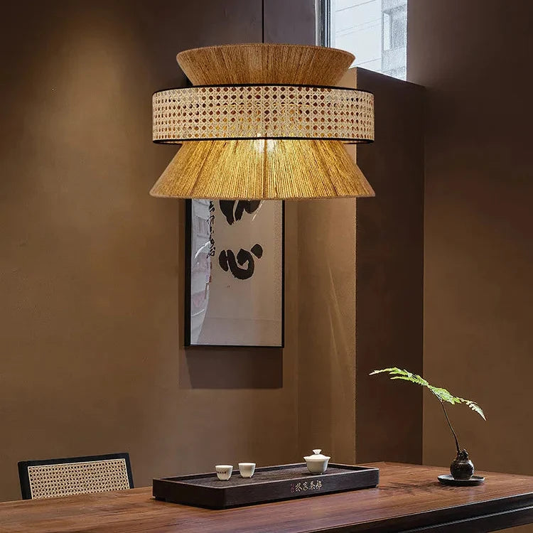 Nimes Wabi Sabi Rattan Drum Pendant - Hemp Rope Hourglass Inner