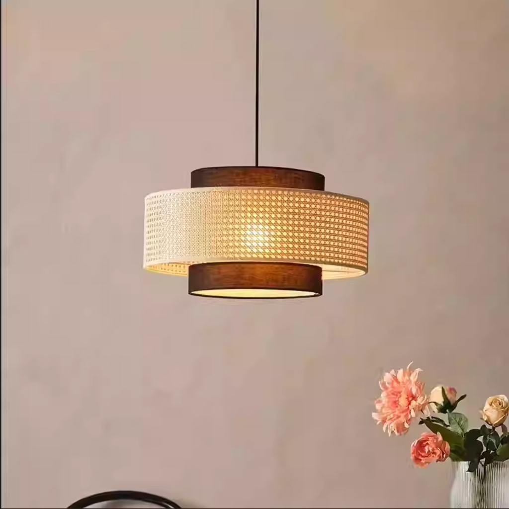 Nivara Black and Rattan Drum Pendant Light