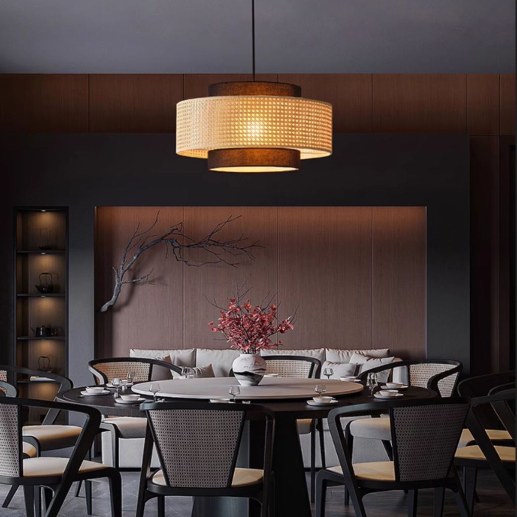 Nivara Black and Rattan Drum Pendant Light