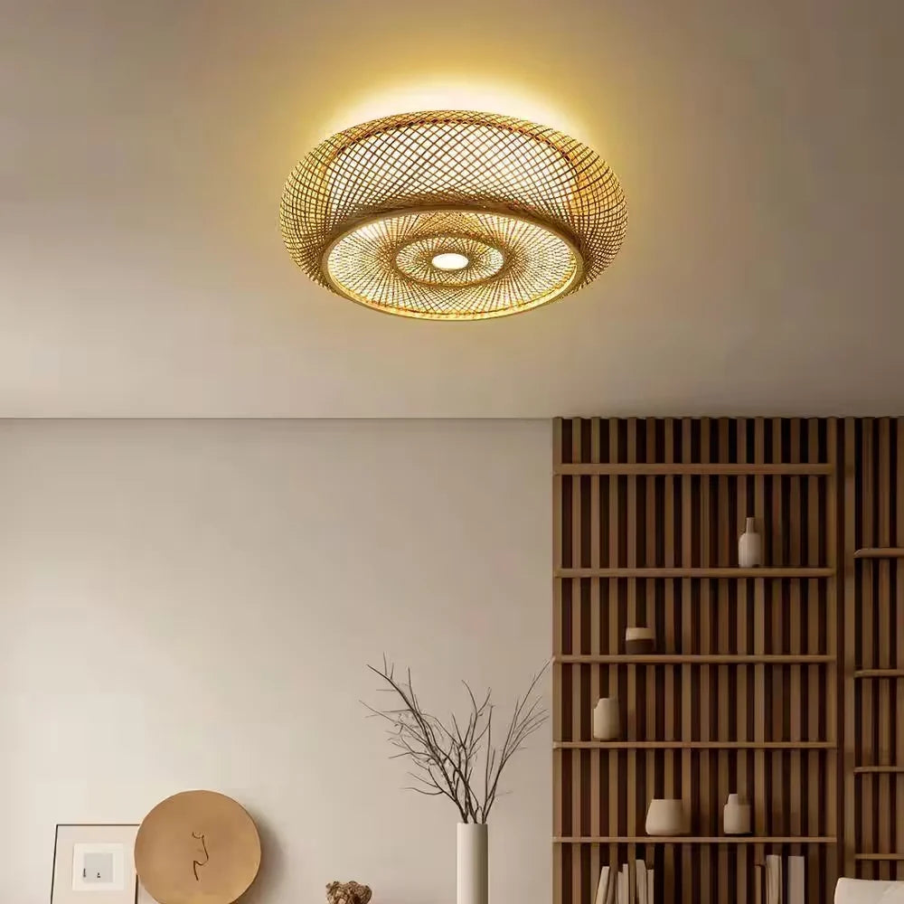 Oukaning Large Round Bamboo Pendant Light – Flush Mount Shade