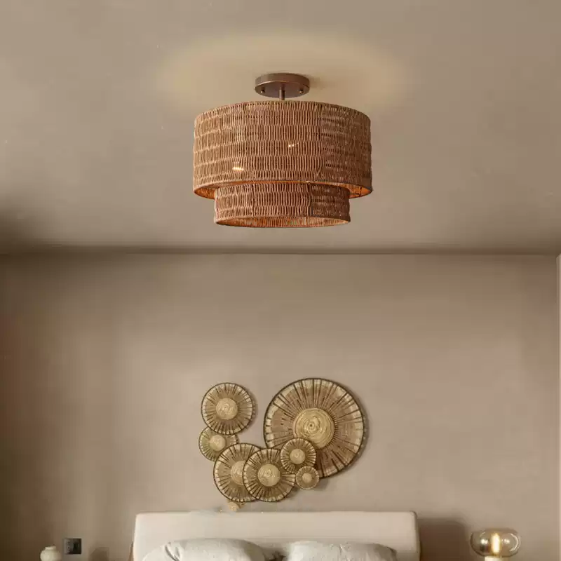 Paloma Wicker Rattan Double Drum Ceiling Light - Semi Flush Mount
