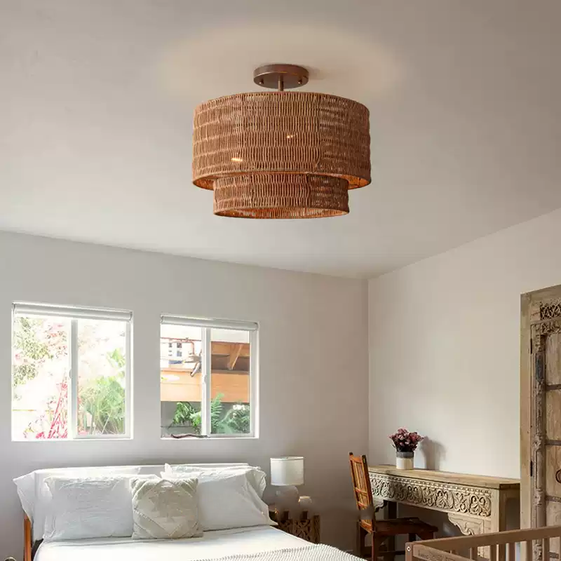 Paloma Wicker Rattan Double Drum Ceiling Light - Semi Flush Mount