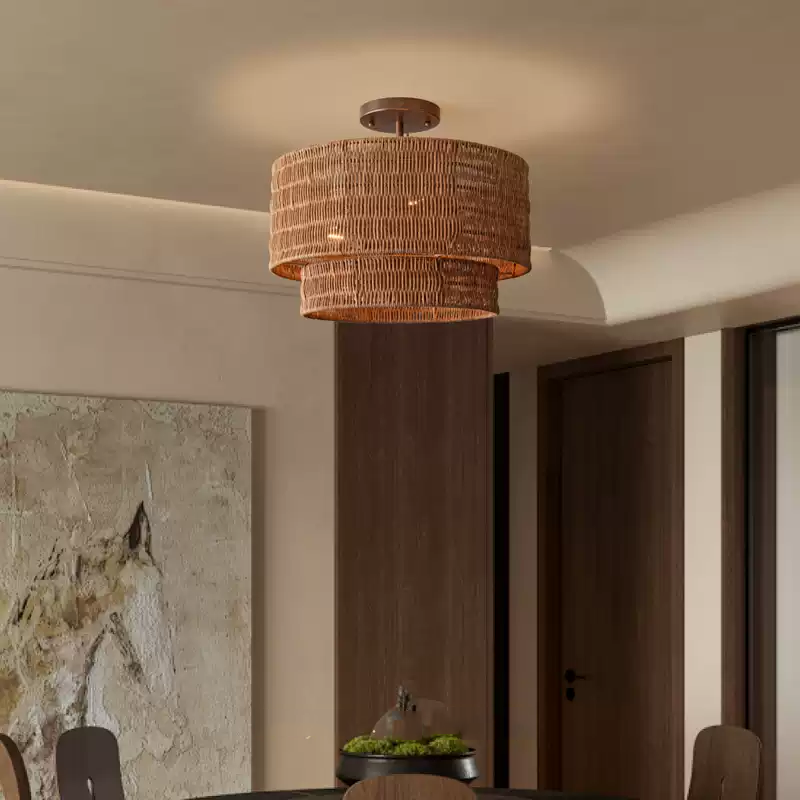 Paloma Wicker Rattan Double Drum Ceiling Light - Semi Flush Mount