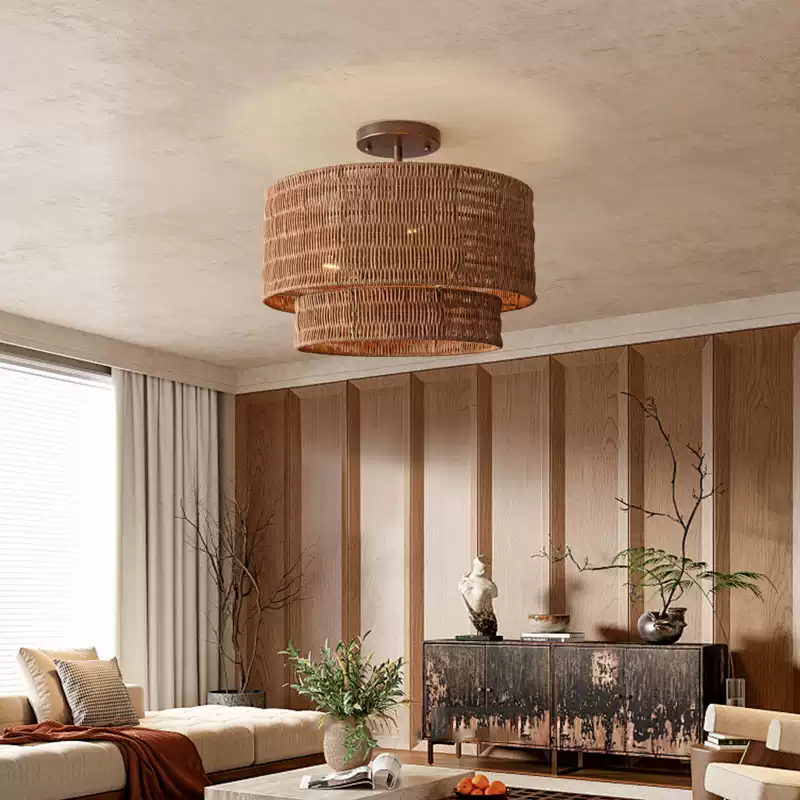 Paloma Wicker Rattan Double Drum Ceiling Light - Semi Flush Mount