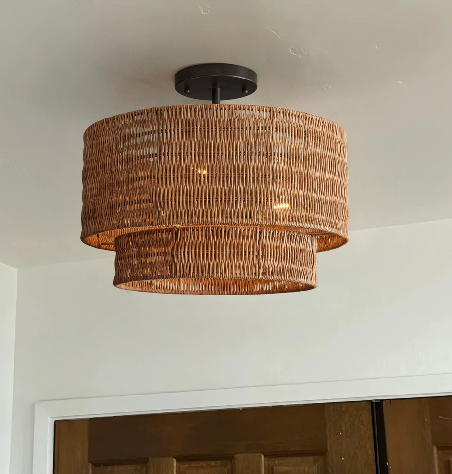 Paloma Wicker Rattan Double Drum Ceiling Light - Semi Flush Mount