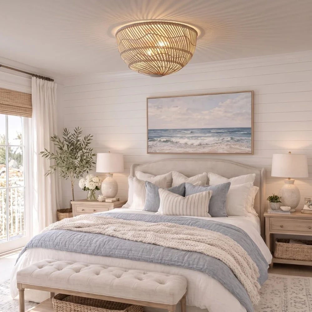 Pottery Barn White Dome Rattan Light Fixture