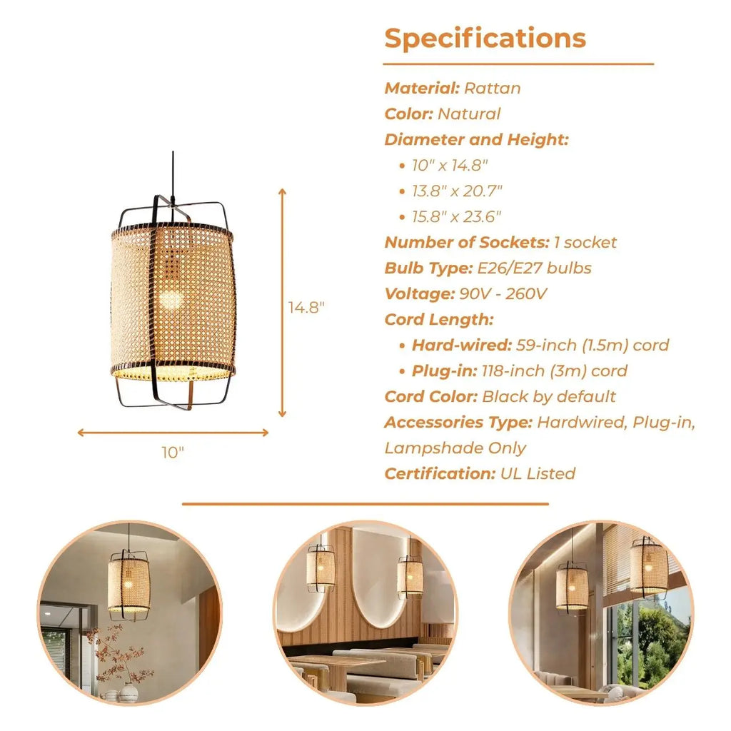 Small Rattan Cane Pendant Light 10 Inches