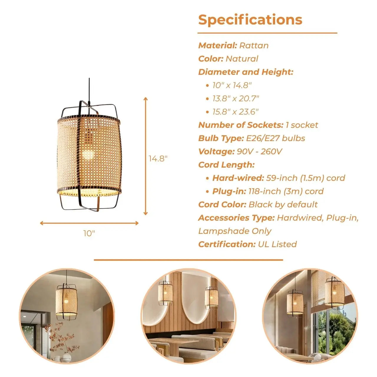 Small Rattan Cane Pendant Light 10 Inches