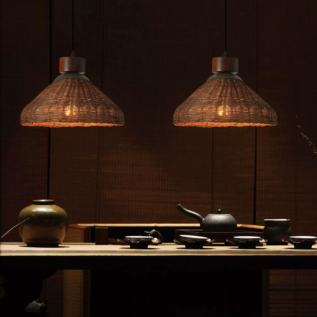 Hakka Conical Dark Brown Rattan Pendant Light - Small Basket Weave